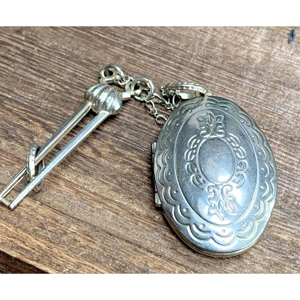 Vintage Watch Fob Locket Pendant Oval Silver Tone Photo Holder Chain Dangle